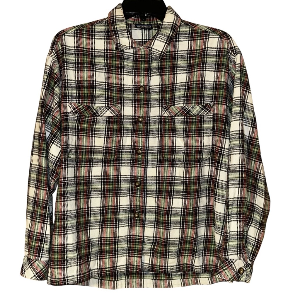Patagonia Women’s Organic Cotton Plaid Flannel Shirt White Red Multi Large READ